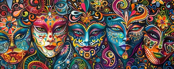 Vibrant background adorned with captivating carnival masks. - obrazy, fototapety, plakaty