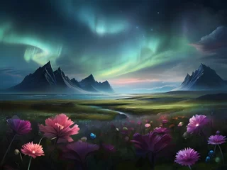 Selbstklebende Fototapeten A surreal landscape where the northern lights dance over a field of blooming flowers under a starlit sky Generative AI © Haroon
