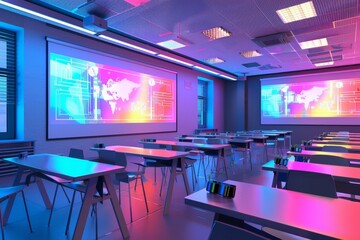 A modern classroom in the future, students learning through interactive 3D projections and virtual reality headsets ,Back to school concept
