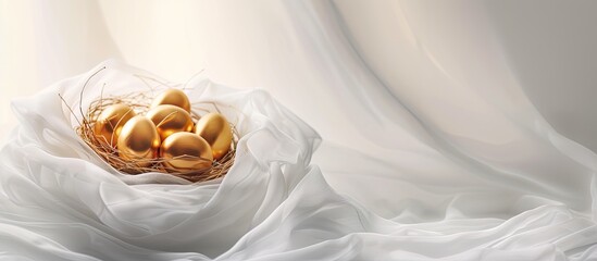 A basket filled with gleaming golden eggs is placed on top of a clean white cloth. The eggs are shining brightly, creating a striking contrast against the white background.