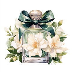 Watercolor Perfume with White Gardenia Flowers Illustration. Luxury Perfume Bottle with Green Ribbon Bow Flower Clip Art. Spring and Summer Floral. Isolated On White Background.