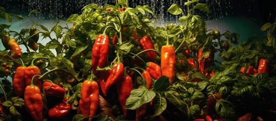 A cluster of vibrant red peppers grow on lush green plants in a garden under controlled hothouse conditions. The peppers are at various stages of ripeness, with some ready for harvest.