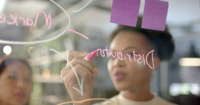 Young African American woman writes on a glass board in a business office setting