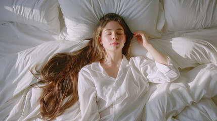 Fototapeta na wymiar Beautiful young woman wearing pajamas lying asleep relaxing in cozy white bed on soft pillow and enjoy her bed time