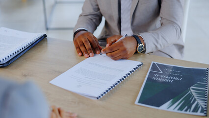 Business person, hands and writing with documents for contract, signing or signature on office...