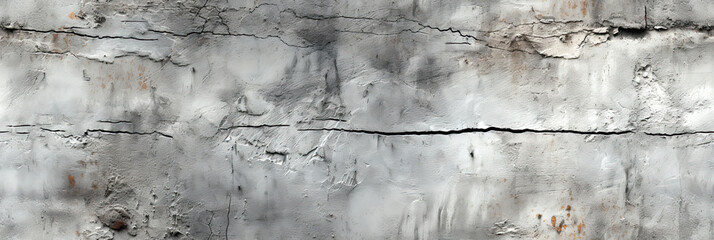 seamless pattern texture of a concrete wall with cracks and scratches on surface of the plaster on gray background. Wide banner for decoration