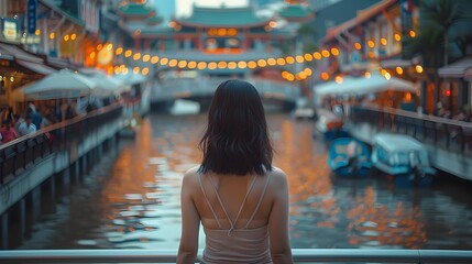 Woman Looking at Night View in Asian-Inspired Style in Clarke Quay Central in Singapore