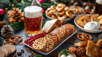 A variety of savory snacks and nibbles arranged for a festive gathering with cold beer