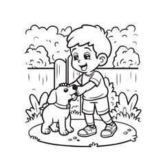 Boy playing with a dog in the garden, black and white vector illustration