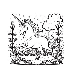 Unicorn in the forest. Black and white vector illustration. coloring page design