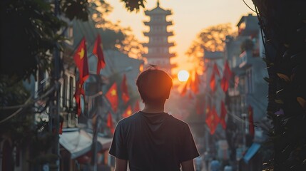 Man Observing Sunset Over Old Town Hanoi in Asian Cultural Style - obrazy, fototapety, plakaty