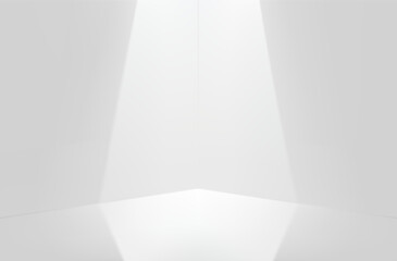 3D Corner stage white background with the spotlight. Luxury Display podium for showcase product. Vector illustration minimalist modern backdrop.