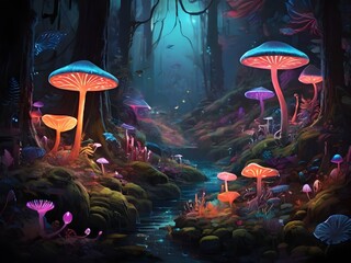 Fototapeta na wymiar A whimsical forest filled with glowing, bioluminescent plants and creatures in vivid hues Generative AI