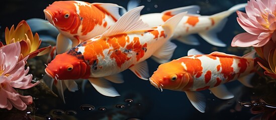 Koi fish pond. colorful views with clear water - obrazy, fototapety, plakaty
