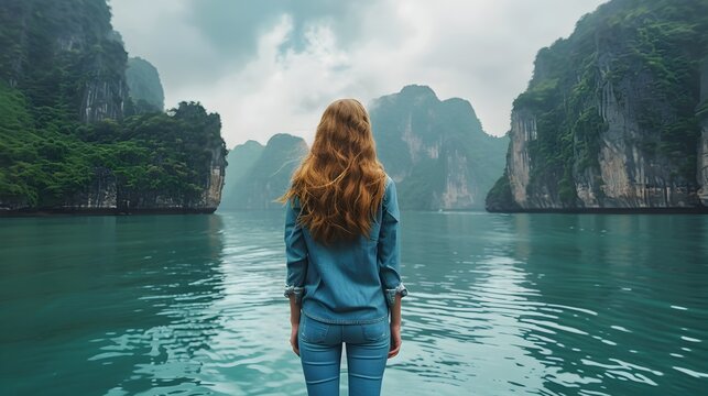 Woman in Aquamarine Tone Contemplating a Rocky Island in  Ha Long Bay, Vietnam