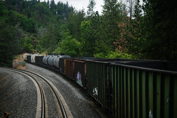 A long train with a mixed manifest of boxcars and tankcars, showing freight of goods such as fossil fuels and phosphate. The train is in a forest, alluding to the vast distances of American transport.