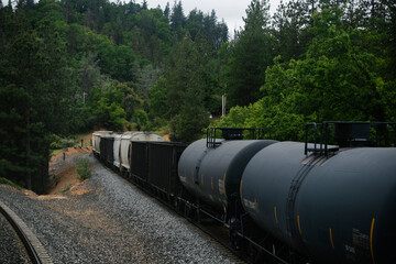 Fototapeta na wymiar A long train with a mixed manifest of boxcars and tankcars, showing freight of goods such as fossil fuels and phosphate. The train is in a forest, alluding to the vast distances of American transport.