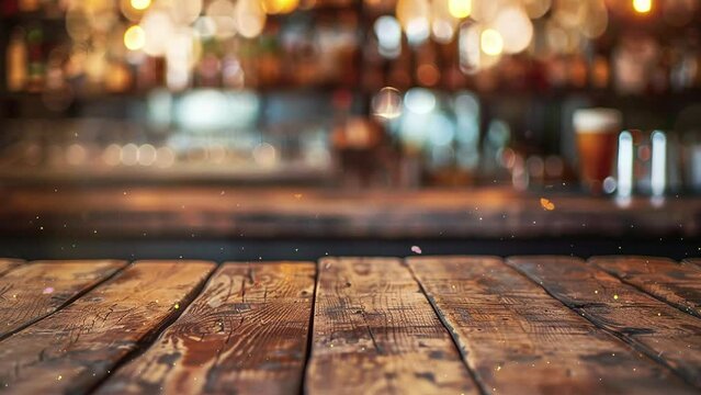coffee shop with blurred lights and wooden table background. wooden table with a view of blurred beverages bar background. seamless looping overlay 4k virtual video animation background