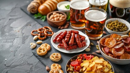 A variety of savory snacks and nibbles arranged for a festive gathering with cold beer