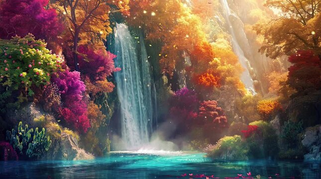 Enchanting fantasy waterfall cascading through a colorful forest of vibrant plants, creating a magical and whimsical sce Seamless looping 4k time-lapse virtual video animation background. Generated AI