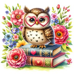 Cute owl with glasses heart, stack of books, red flowers, children's cartoon character illustration
