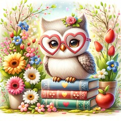 Cute owl with glasses, stack of books, flowers, children's cartoon character illustration