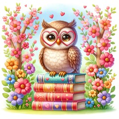Cute owl with glasses heart, stack of books, pink spring flowers, children's cartoon character illustration