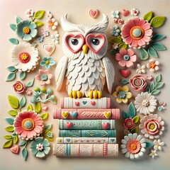 Cute owl with glasses heart, stack of books, flowers, 3d character illustration