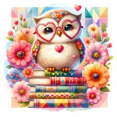 Cute owl with glasses heart, stack of books, flowers, cartoon character illustration