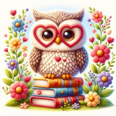 Cute owl with glasses heart, stack of books, flowers, kids cartoon character illustration