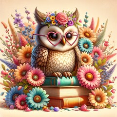 Cute owl with glasses heart, stack of books, daisy flowers, children's cartoon character illustration
