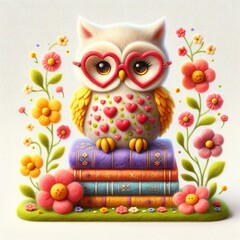 Cute owl with glasses heart, stack of books, flowers, children's cartoon character illustration
