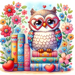 Cute owl with glasses heart, stack of books, flowers, children's cartoon illustration