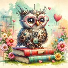 Cute owl with glasses heart, steampunk, stack of books, flowers, children's cartoon illustration