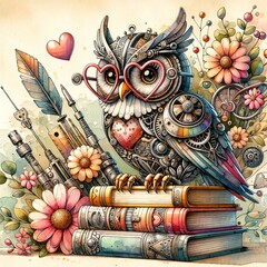 Cute owl with glasses heart, steampunk, stack of books, flowers, kids cartoon illustration