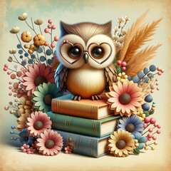 Cute owl with glasses heart, stack of books, flowers, cartoon character illustration