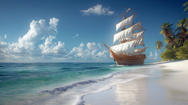ship in the ocean, old wooden wind ship 