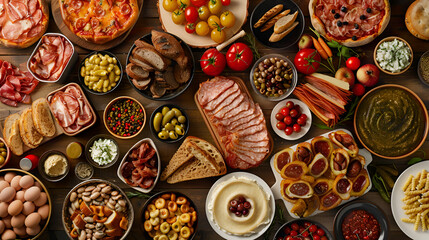 Top view table full of delicious food composition