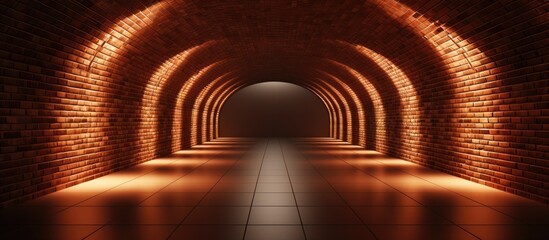 A long tunnel with a light at the end, featuring a blank brick wall as the main focal point. The tunnel stretches into the distance, leading the eye towards the light source. - obrazy, fototapety, plakaty