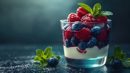 Vibrant berry parfait with layers of yogurt and fresh fruit dusted with sugar - obrazy, fototapety, plakaty