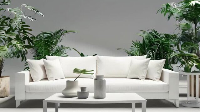 a modern living room interior with a white sofa and plants