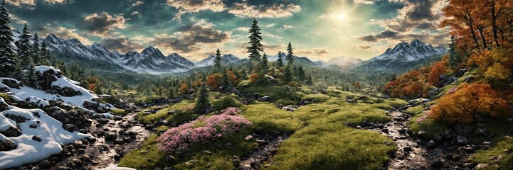 Beautiful mountain landscape. 4 seasons. All seasons in one picture. Forest blooming alpine valley....