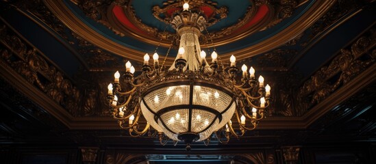 Obraz premium A grand chandelier is suspended from the ornate ceiling inside a building, casting a soft glow over the space.