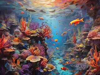 Obraz na płótnie Canvas An underwater scene teeming with coral reefs and tropical fish in a rainbow of colors Generative AI