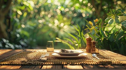 Outdoor dining experience in a serene garden at sunset, elegant table setting for a special occasion