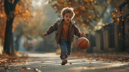 Create a scenario where the child performs a flashy dribbling trick to impress their friends.
 - obrazy, fototapety, plakaty