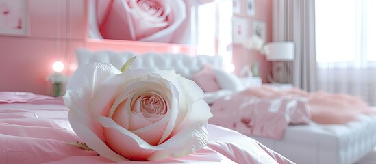A cute white rose sits delicately on top of a pink bed, adding a delightful touch to the interior of a girls room.