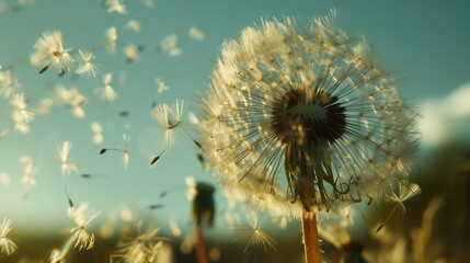 Close-up of dandelion stamen in the air on a sunny day, with extreme depth of field.