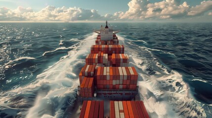 Giant container ship, fully packed, seen from above in the ocean. Photorealistic. - obrazy, fototapety, plakaty