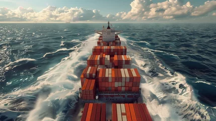 Foto op Plexiglas Giant container ship, fully packed, seen from above in the ocean. Photorealistic. © klss777